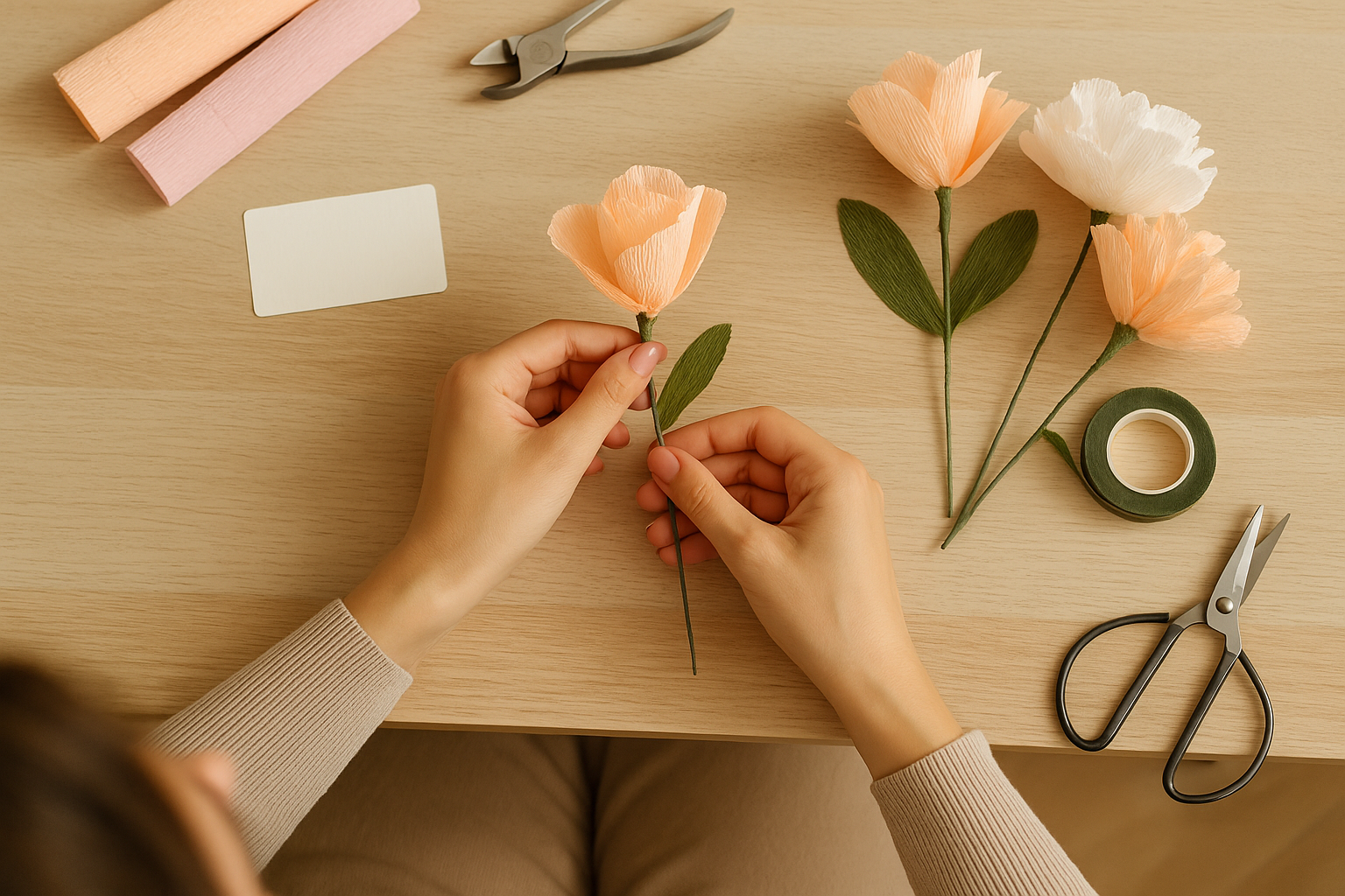 crétrice de compositions florales en papier crépon Illustration de la croissance d’une activité artisanale grâce à un accompagnement business